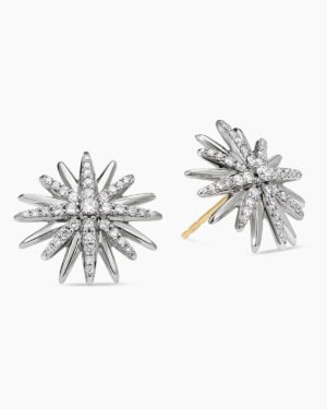 Starburst Stud Earrings Sterling Silver with Diamonds, 19mm