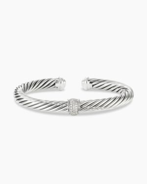 Classic Cable Station Bracelet Sterling Silver with Pave Diamonds, 7mm
