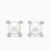 Pearl Stud Earrings Sterling Silver with Pearls and Diamonds, 7.4mm