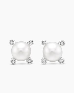 Pearl Stud Earrings Sterling Silver with Pearls and Diamonds, 7.4mm