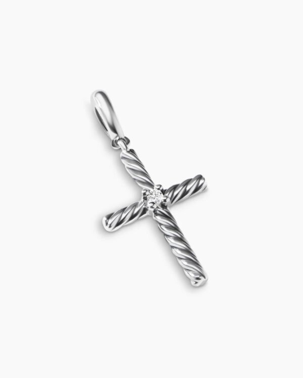 Classic Cable Cross Pendant Sterling Silver with Center Diamond, 19.5mm
