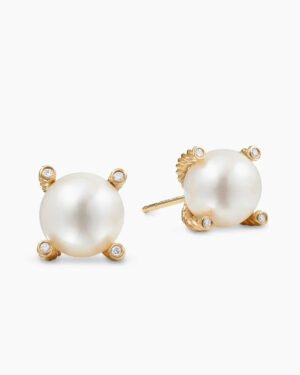 Pearl Stud Earrings 18K Yellow Gold with Pearls and Diamonds, 14mm