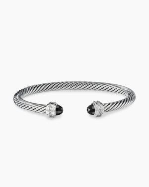 Classic Cable Bracelet Sterling Silver with Black Onyx and Diamonds, 5mm