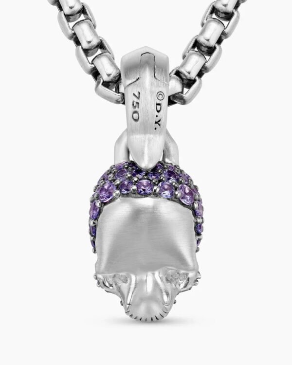 Skull Amulet Full Pav&eacute; Purple Sapphires and 18K White Gold, 14mm