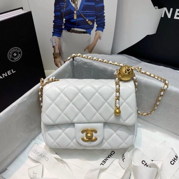 Chanel Mini Flap Bag With CC Ball On Strap White For Women, Women&rsquo;s Handbags, Shoulder And Crossbody Bags 6.7in/17cm AS1786