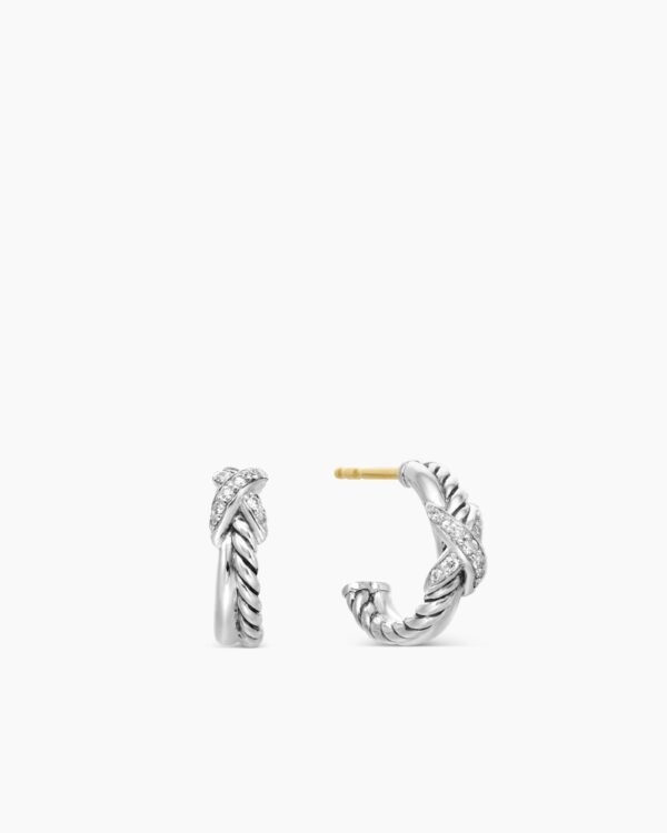 Petite X Hoop Earrings Sterling Silver with Pav&eacute; Diamonds, 12.6mm
