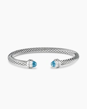 Classic Cable Bracelet Sterling Silver with Blue Topaz and Diamonds, 5mm