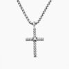 Classic Cable Cross Necklace Sterling Silver with Center Diamond