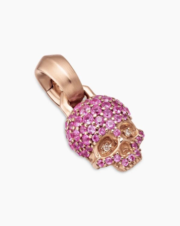 Skull Amulet Full Pav&eacute; Pink Sapphires and 18K Rose Gold, 14mm