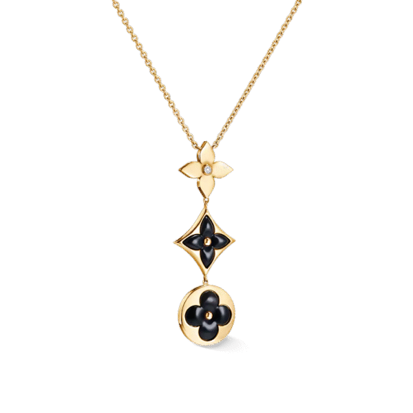 Color Blossom Lariat Necklace, Yellow Gold, Onyx And Diamond