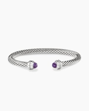 Classic Cable Bracelet Sterling Silver with Amethyst and Diamonds, 5mm