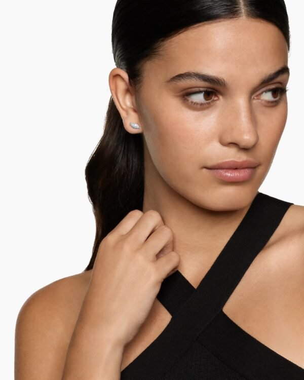 Petite Pav&eacute; Flute Stud Earrings Sterling Silver with Diamonds, 10.6mm