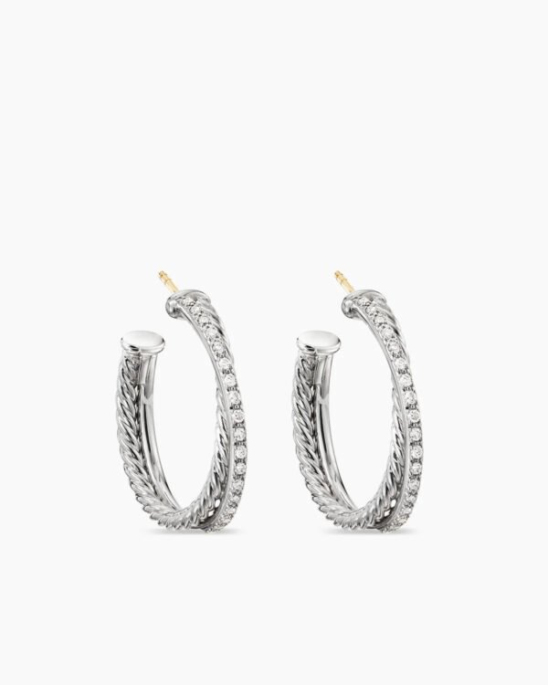 Crossover Hoop Earrings Sterling Silver with Diamonds, 26.5mm