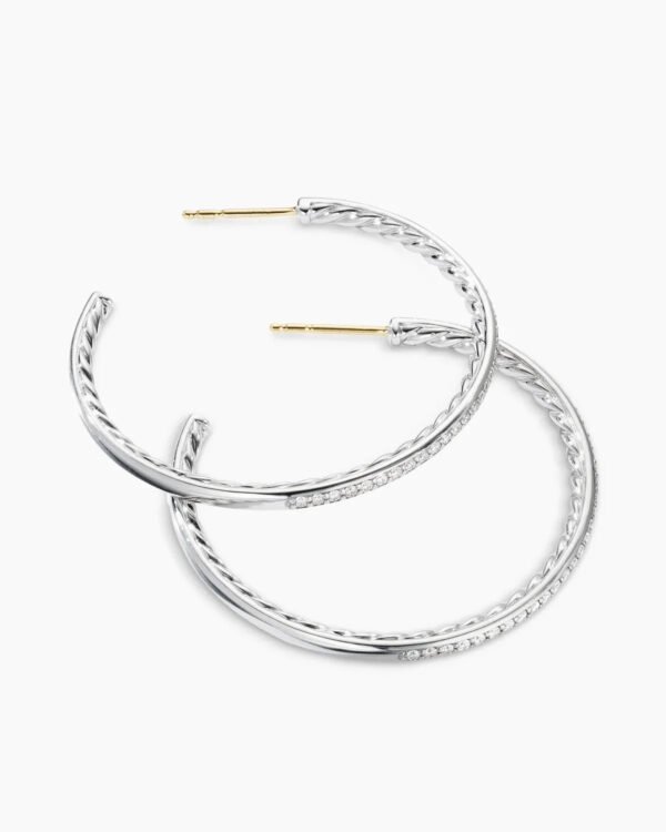 Pave Hoop Earrings Sterling Silver with Diamonds, 38mm