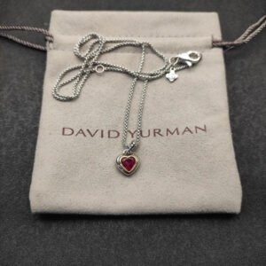 Petite Cable Heart Pendant Necklace Sterling Silver with 14K Yellow Gold and Rhodolite Garnet