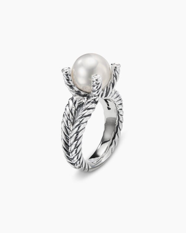 Cable Collectibles Pearl Ring Sterling Silver with Pearl and Diamonds, 11mm