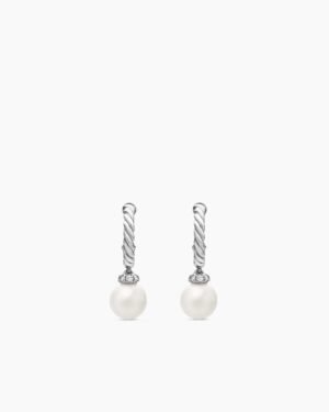 Pearl and Pav&eacute; Solari Drop Earrings Sterling Silver with Pearls and Diamonds, 18.4mm