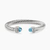 Classic Cable Bracelet Sterling Silver with Blue Topaz and Diamonds, 7mm