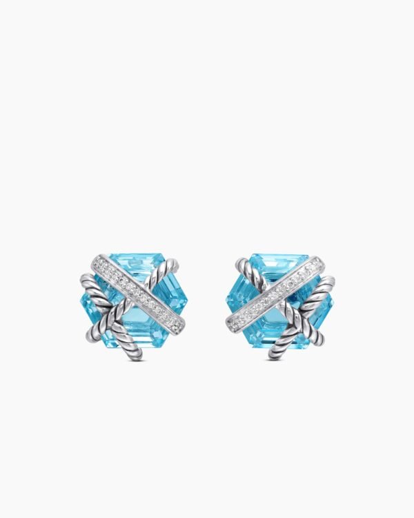 Cable Wrap Stud Earrings Sterling Silver with Blue Topaz and Diamonds, 11mm