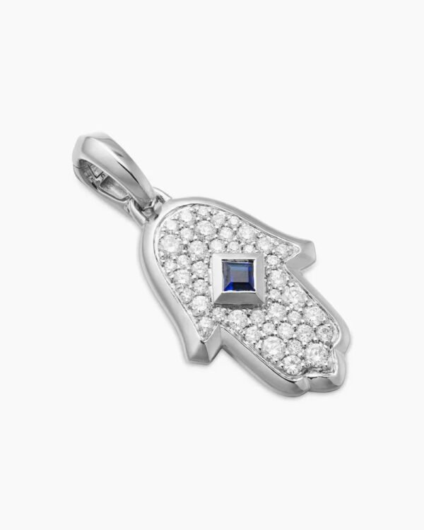Hamsa Amulet 18K White Gold with Pav&eacute; Diamonds and Blue Sapphire, 24.6mm