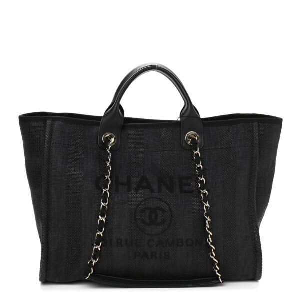 597AD316-2BB7-8E10-6F2A-96786DD25BDD.jpg Mixed Fibers Calfskin Striped Medium Deauville Tote Black