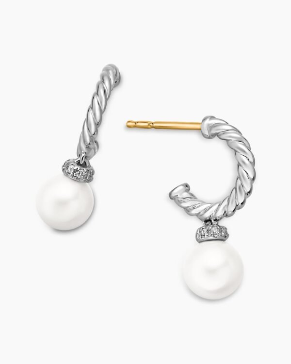 Pearl and Pav&eacute; Solari Drop Earrings Sterling Silver with Pearls and Diamonds, 18.4mm