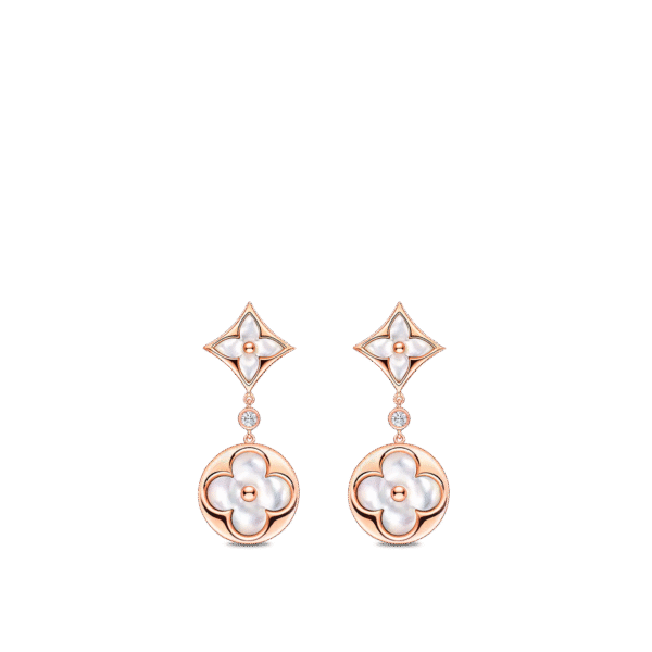 Color Blossom Long Earrings, Pink Gold, White Mother-Of-Pearl And Diamonds