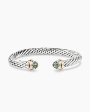 Classic Cable Bracelet Sterling Silver with 14K Yellow Gold and Prasiolite, 7mm