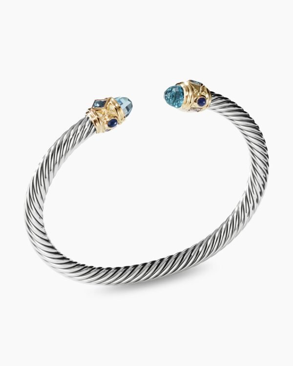 Renaissance Classic Cable Bracelet Sterling Silver with 14K Yellow Gold, Blue Topaz and Lapis, 5mm