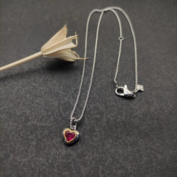7AF9FD75-D0D2-D376-94D9-5907F57E47E9.jpg Petite Cable Heart Pendant Necklace Sterling Silver with 14K Yellow Gold and Rhodolite Garnet
