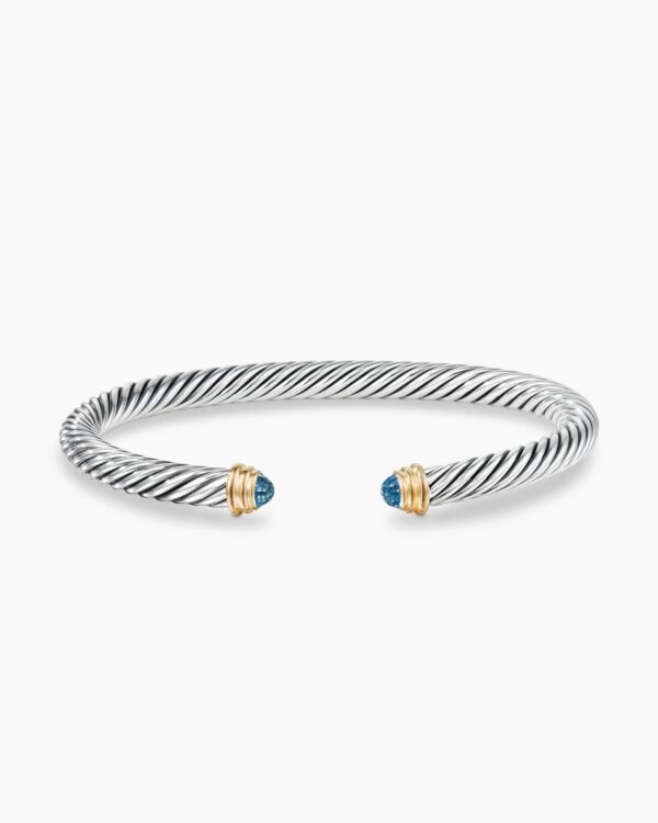 Classic Cable Bracelet Sterling Silver with 14K Yellow Gold and Blue Topaz, 5mm