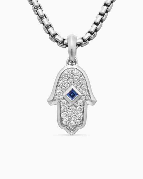 Hamsa Amulet 18K White Gold with Pav&eacute; Diamonds and Blue Sapphire, 24.6mm
