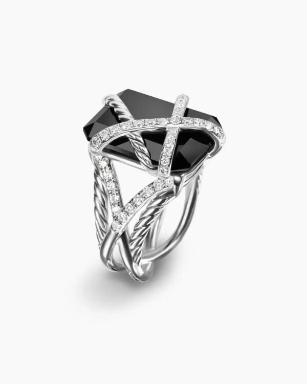 Cable Wrap Ring Sterling Silver with Black Onyx and Diamonds - 6
