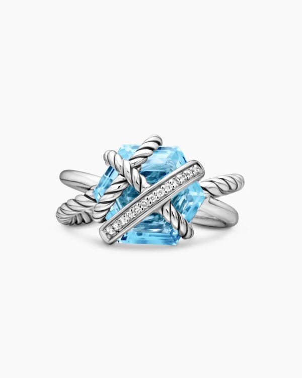 Cable Wrap Ring Sterling Silver with Blue Topaz and Diamonds - 6
