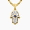 Hamsa Amulet 18K Yellow Gold with Pav&eacute; Diamonds and Blue Sapphire, 24.6mm