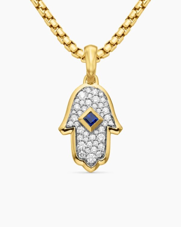 Hamsa Amulet 18K Yellow Gold with Pav&eacute; Diamonds and Blue Sapphire, 24.6mm