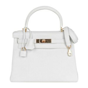 Kelly 28 Retourne Bag White Clemence Leather with Gold Hardware