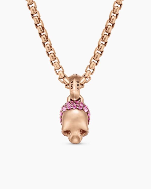 Skull Amulet Full Pav&eacute; Pink Sapphires and 18K Rose Gold, 14mm