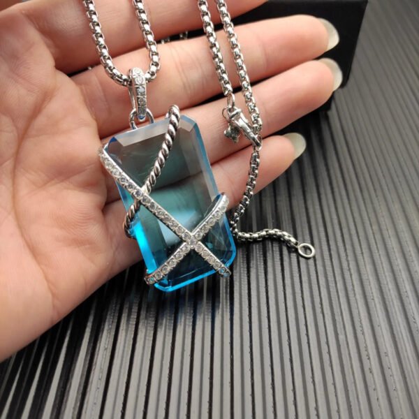 Cable Wrap Amulet Sterling Silver with Blue Topaz and Diamonds, 32mm