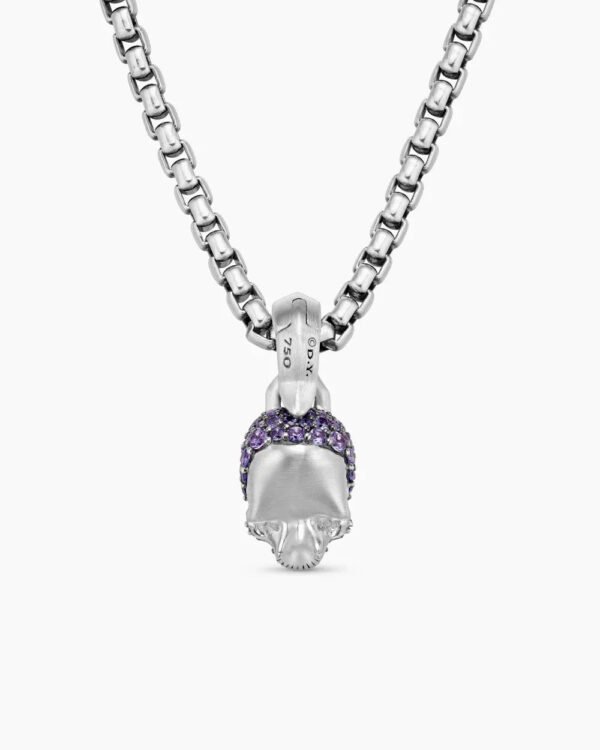 Skull Amulet Full Pav&eacute; Purple Sapphires and 18K White Gold, 14mm