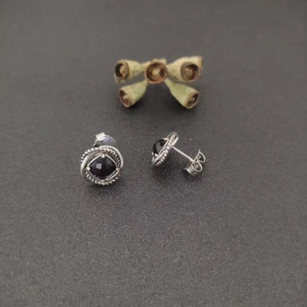 Infinity Stud Earrings Sterling Silver with Black Onyx, 13mm