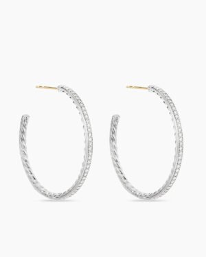 Pave Hoop Earrings Sterling Silver with Diamonds, 38mm