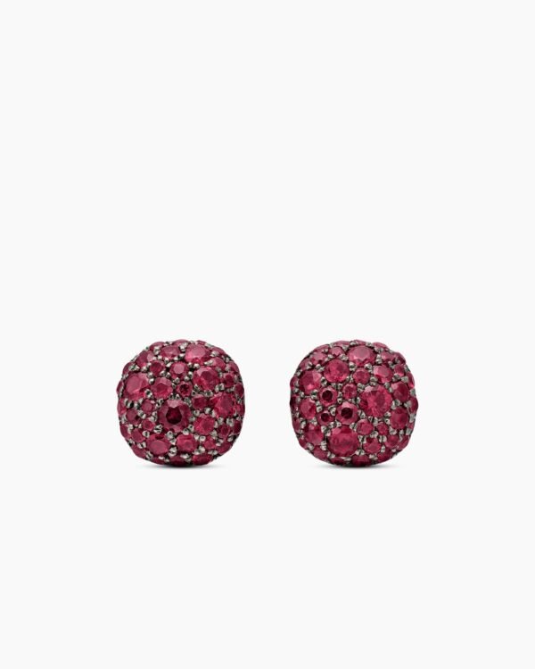 Cushion Stud Earrings 18K White Gold with Pav&eacute; Red Rubies, 8mm
