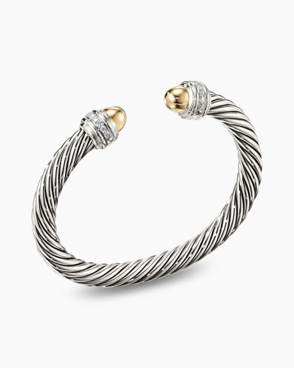 Classic Cable Bracelet Sterling Silver with 14K Yellow Gold Domes and Diamonds, 7mm