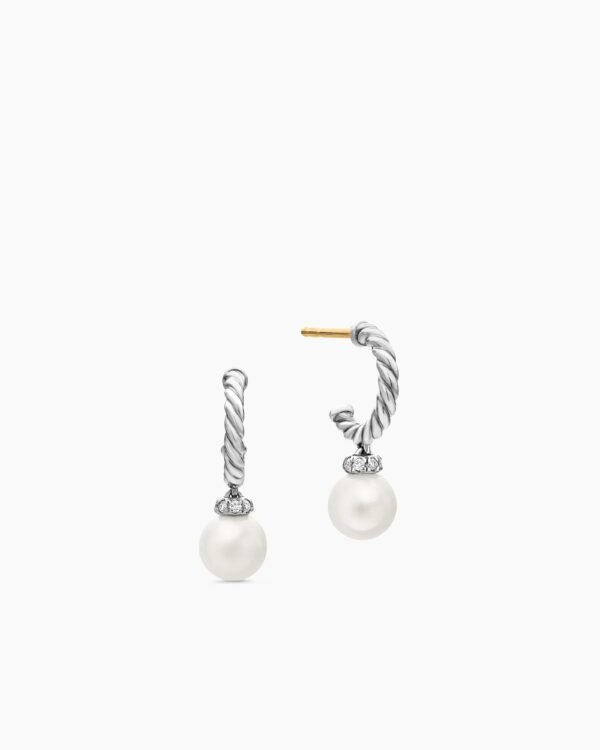 Pearl and Pav&eacute; Solari Drop Earrings Sterling Silver with Pearls and Diamonds, 18.4mm