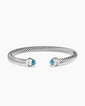 Classic Cable Bracelet Sterling Silver with Blue Topaz and Diamonds, 5mm