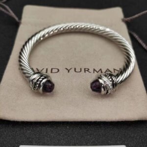 Classic Cable Bracelet Sterling Silver with Amethyst and Diamonds, 7mm