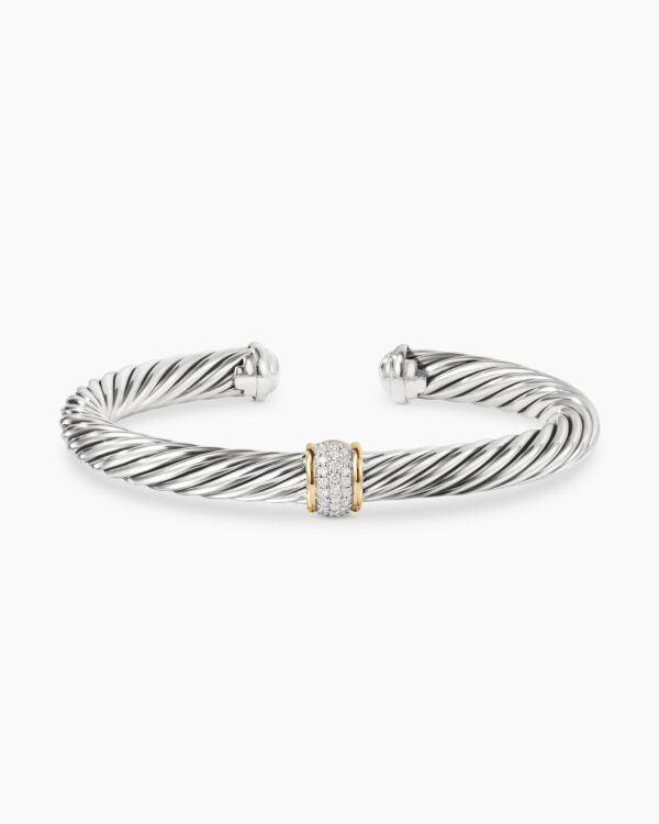 Classic Cable Station Bracelet Sterling Silver with 18K Yellow Gold and Pave Diamonds, 7mm