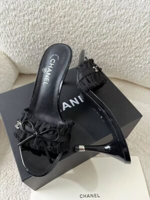 Chanel Black Ruffled Fabric CC Bow Slide Sandals