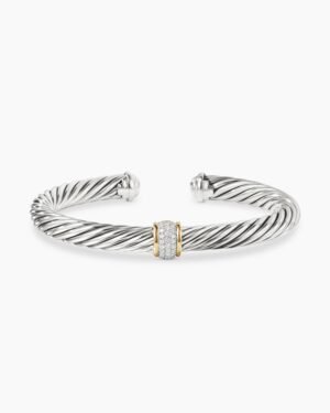 Classic Cable Station Bracelet Sterling Silver with 18K Yellow Gold and Pave Diamonds, 7mm